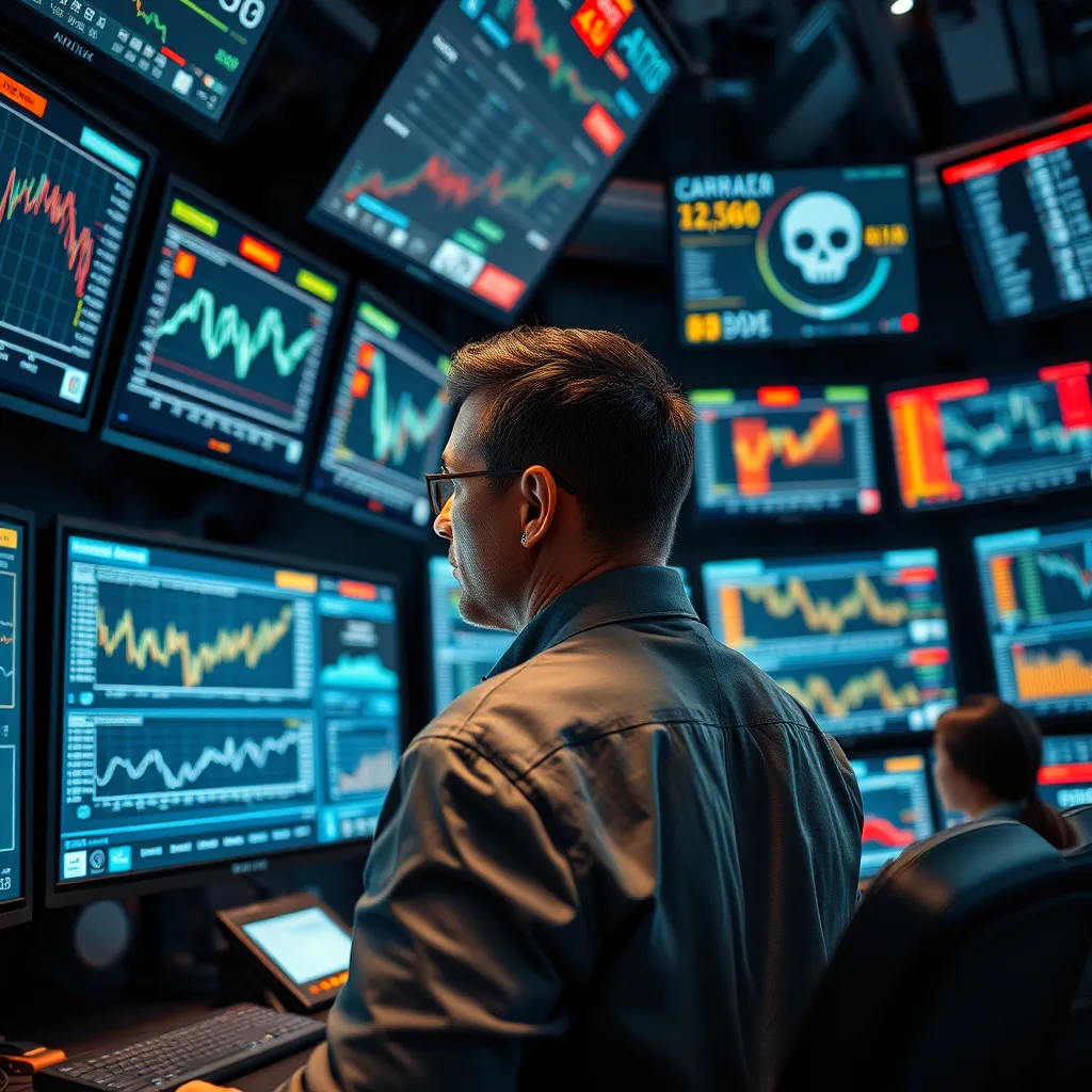 A detailed scene showcasing a control room filled with multiple screens displaying graphs and security alerts. A person in a professional outfit monitors the screens, with a focused expression. The atmosphere is high-tech and dynamic.