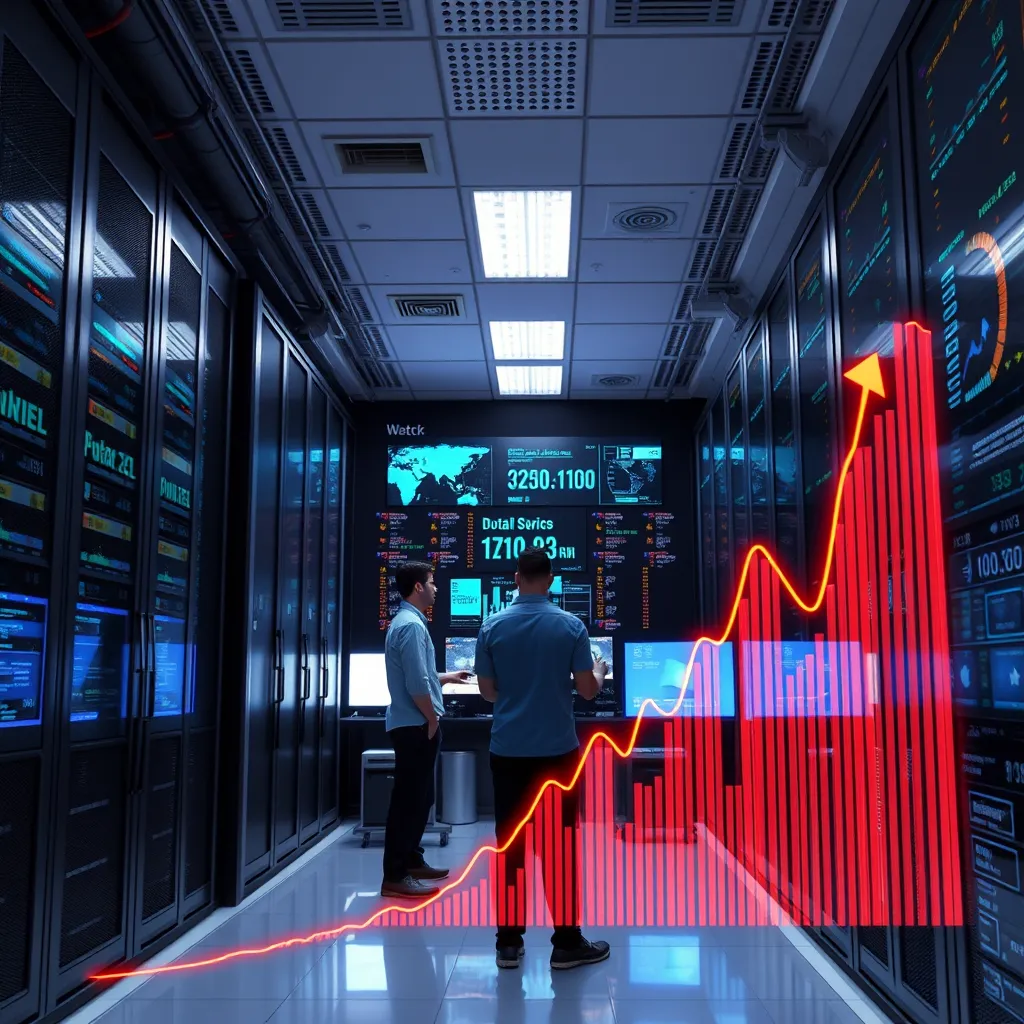 A dynamic business environment showing a graph with increasing data points, a team adjusting computer resources in a server room, digital screens displaying metrics, symbolizing rapid adaptation to changes, all in a modern, high-tech setting.