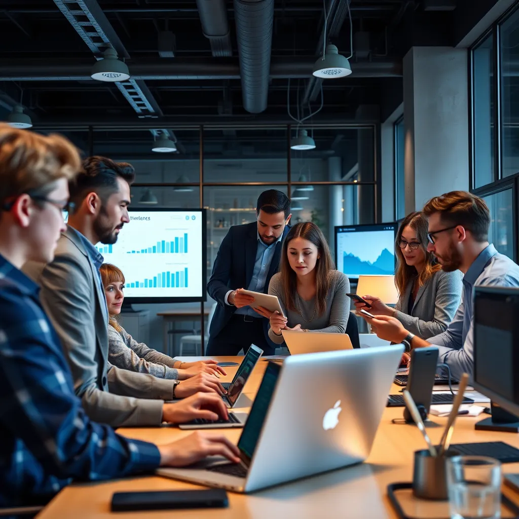 A high-quality, photorealistic image showing a diverse group of professionals collaborating in a modern office space, using laptops and digital devices, engaged in real-time discussions, with charts and graphs displayed on screens.
