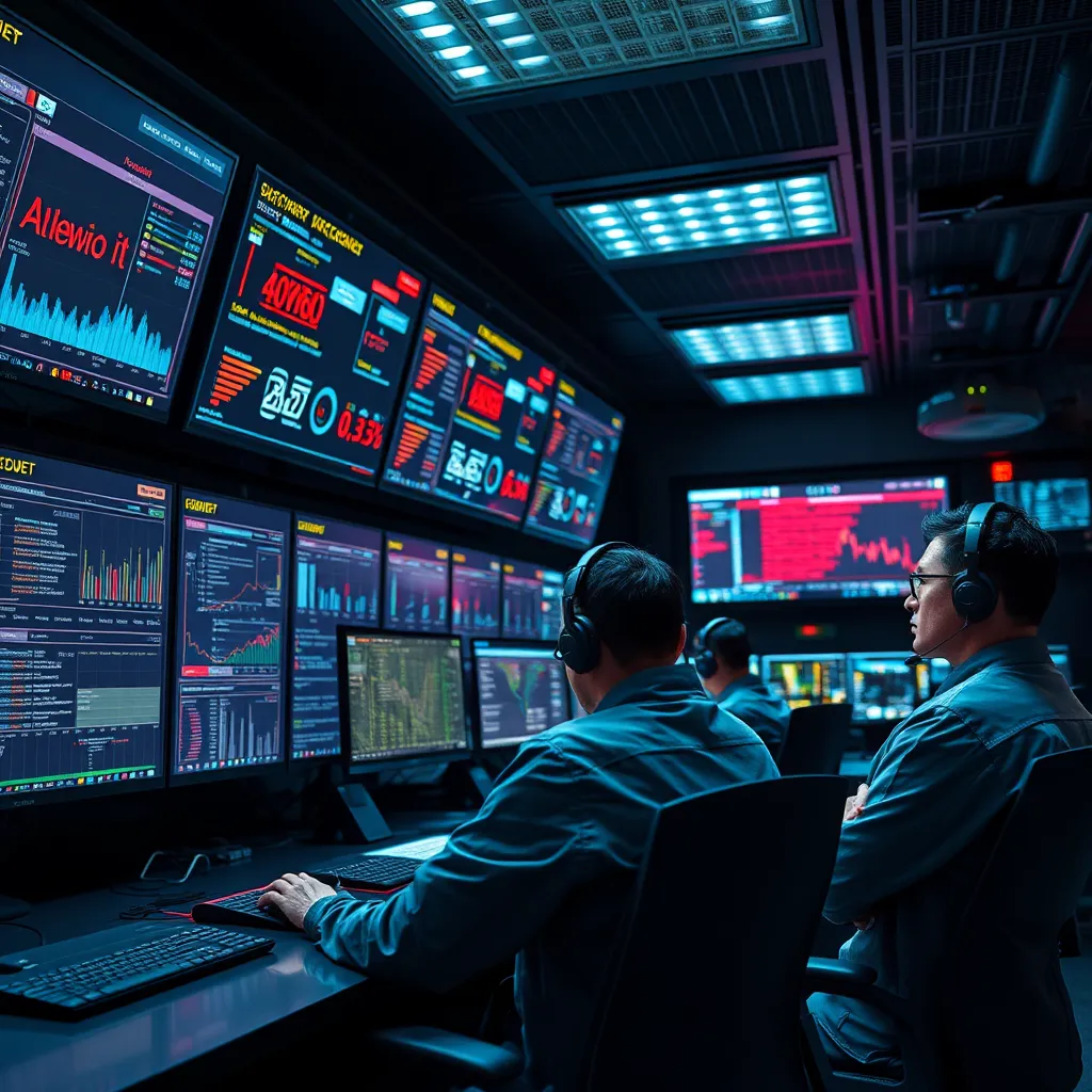 A high-tech control room filled with monitors displaying system analytics and error reports. A dedicated support team is intensely focused on resolving issues, providing a sense of urgency and professionalism in a modern, tech-savvy environment.