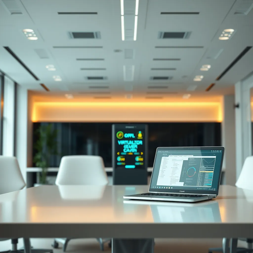 A modern office setting showcasing a virtual server with virtualized resources. Show a sleek, high-tech interface displaying reduced costs, and a physical server being replaced by a powerful laptop. Emphasize a sense of efficiency and cost-effectiveness.