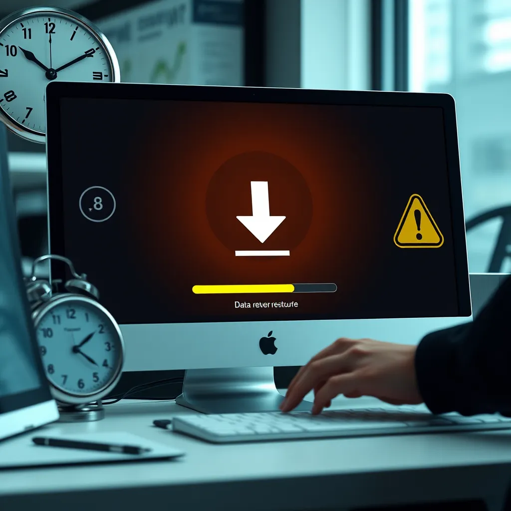 A photorealistic image depicting a user recovering data on a computer with a download icon and restoration progress bar. Surrounding elements should include clocks and alert symbols, emphasizing the quick recovery aspect and urgency in a business environment.