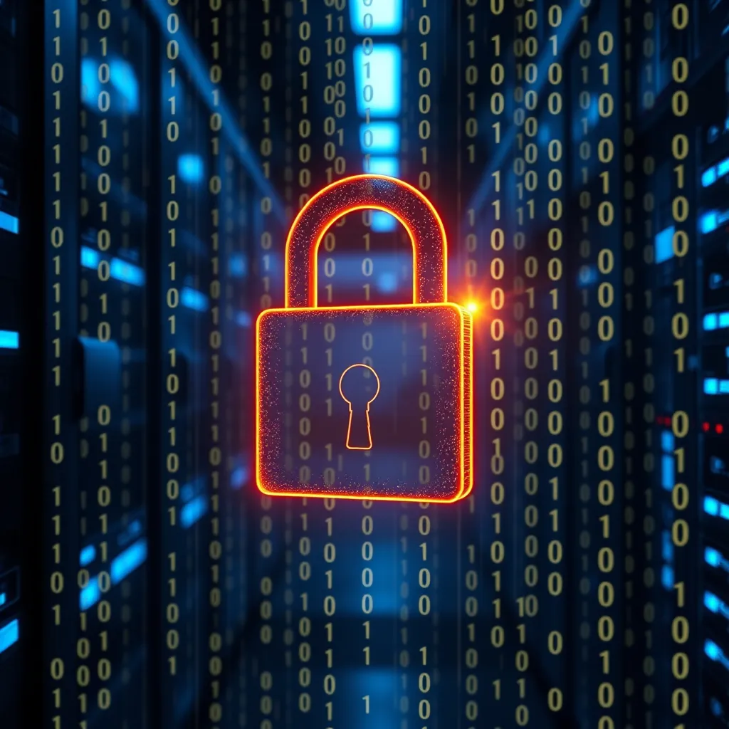 A photorealistic image of a digital lock overlaying strings of binary code, symbolizing data encryption. The background shows a futuristic server room, illuminated with blue lights. Focus on the lock being secure and the binary code flowing in a dynamic motion.