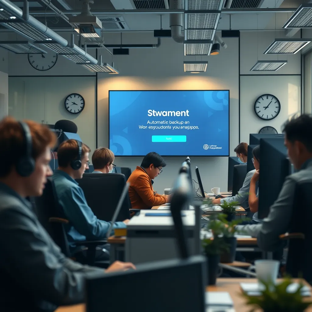 A photorealistic image showing a busy office scene where employees work on their tasks while a digital screen in the background displays an automatic backup notification. Elements like clocks and productive workers illustrate time-saving advantages in a corporate setup.
