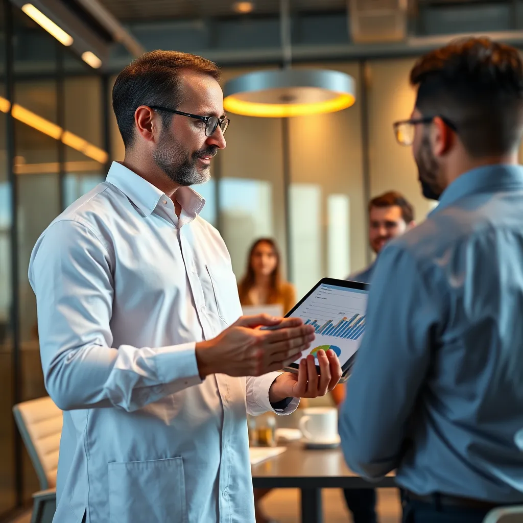 An IT consultant holding a tablet and discussing future technology solutions with a client's management team in a contemporary meeting room. Charts and graphs are visible on the tablet, emphasizing a proactive approach to technology management and planning.