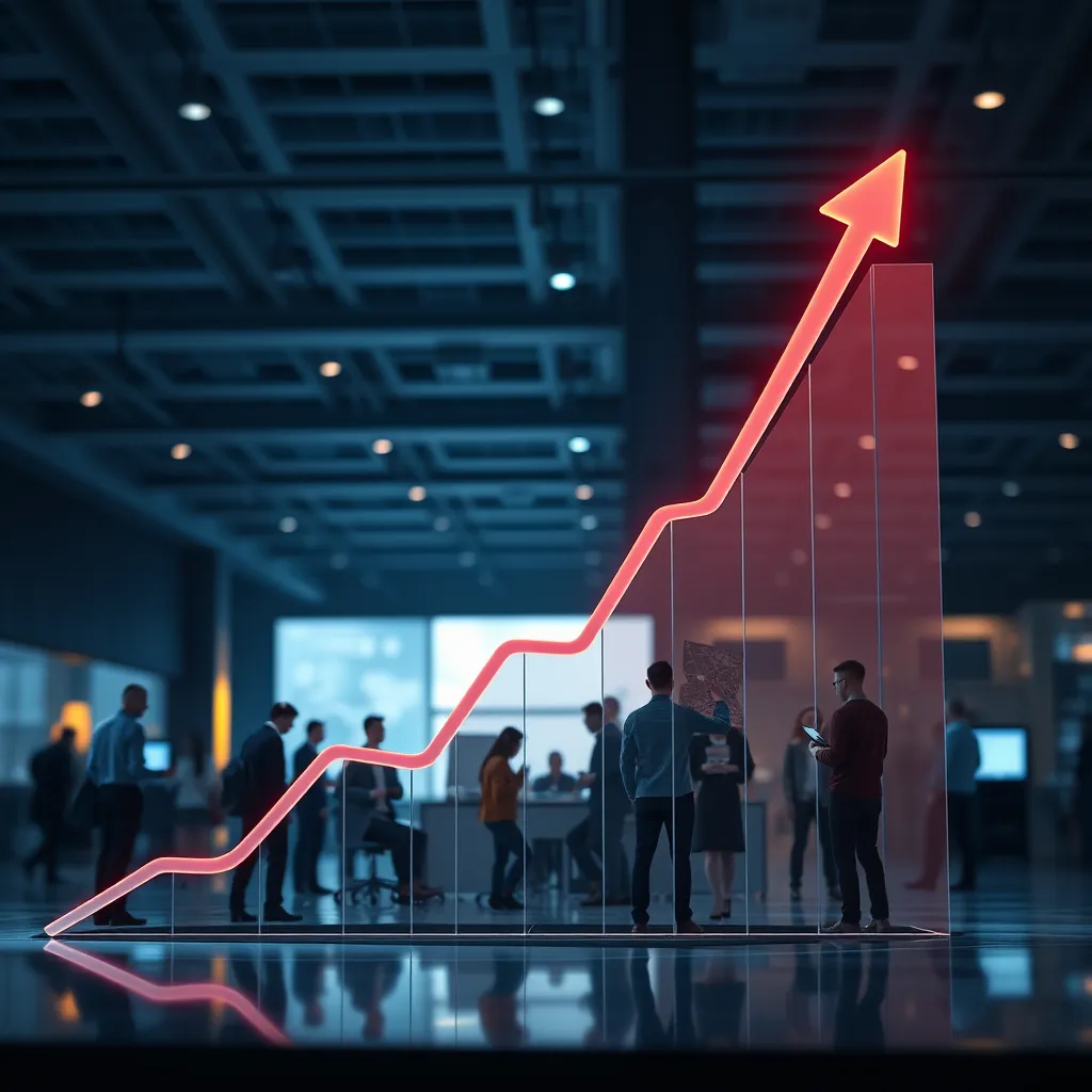 An upward trending graph representing business growth, with images of employees brainstorming in the background, symbolizing strategic investment and flexibility in adapting to market changes.